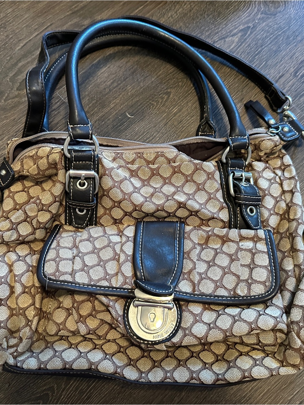 Nine West brown and tan handbag shoulder bag with pocket infront